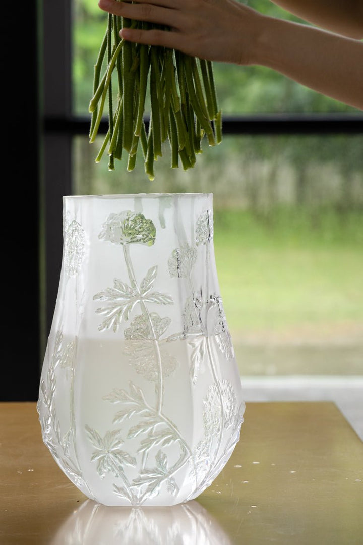 Antique French Handmade White Frosted Crystal Blown Glass Vases with Floral Relief Design - WonderlandByLilian