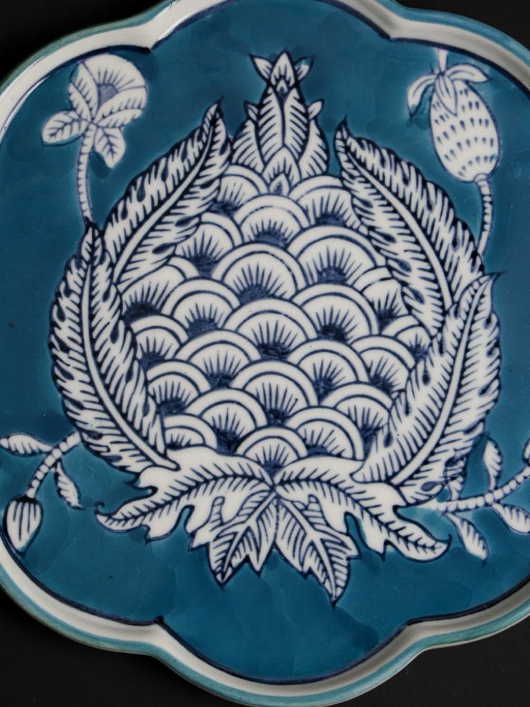 Antique Handcrafted Yellow Gourd Pedestal Bowl and Painted Porcelain Plates - WonderlandByLilian