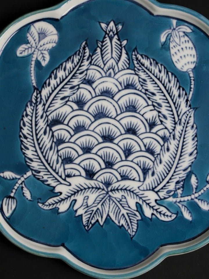 Antique Handcrafted Yellow Gourd Pedestal Bowl and Painted Porcelain Plates - WonderlandByLilian