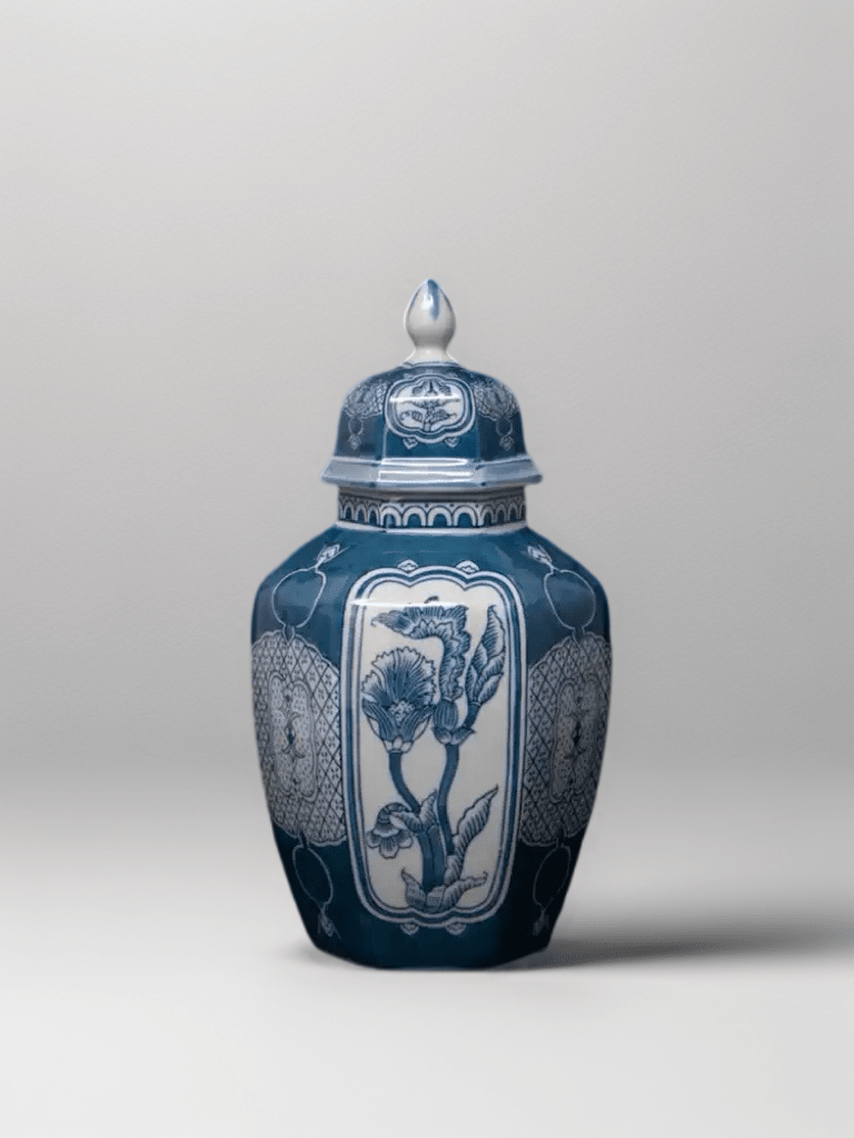 Antique Handmade Blue and White Porcelain Vase with Hand Painted Floral and Pomegranate Design - WonderlandByLilian