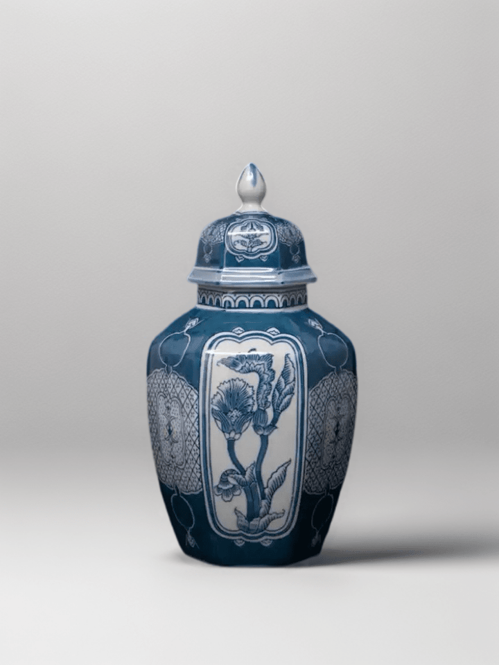 Antique Handmade Blue and White Porcelain Vase with Hand Painted Floral and Pomegranate Design - WonderlandByLilian
