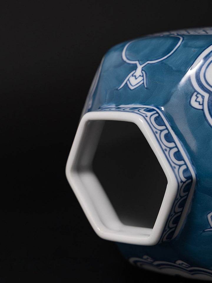 Antique Handmade Blue and White Porcelain Vase with Hand Painted Floral and Pomegranate Design - WonderlandByLilian