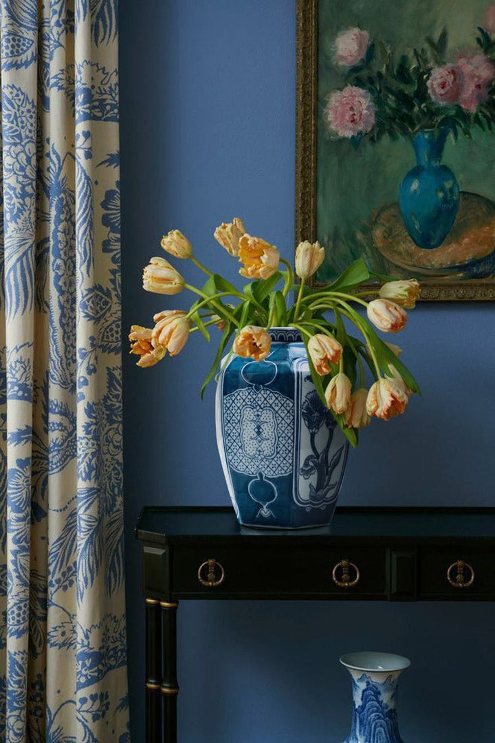 Antique Handmade Blue and White Porcelain Vase with Hand Painted Floral and Pomegranate Design - WonderlandByLilian