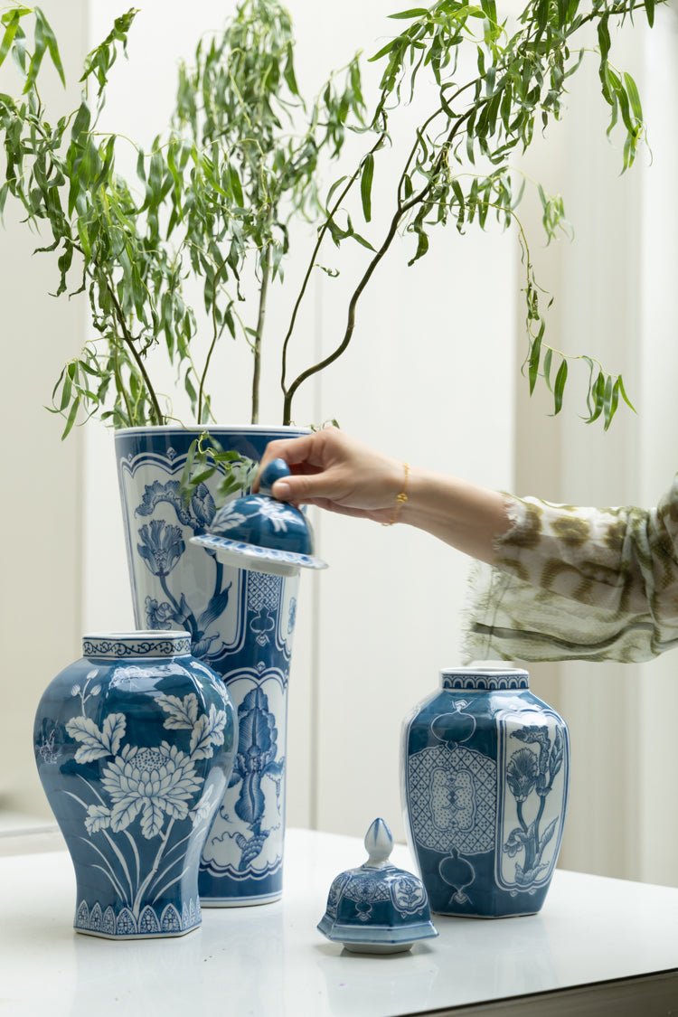 Antique Handmade Blue and White Porcelain Vase with Hand Painted Floral and Pomegranate Design - WonderlandByLilian