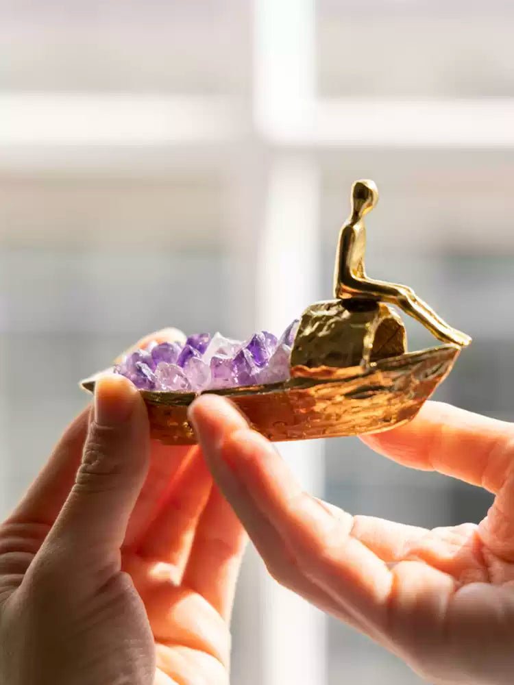 Antique Handmade Golden Brass Decor and Amethyst Decorative Stone - WonderlandByLilian