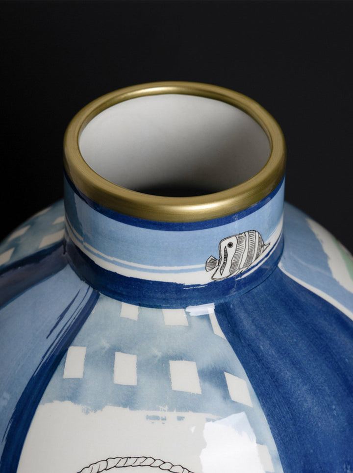 Antique Italian Blue and White Porcelain Vase Inspired by Richard Ginori with Hand - Painted Gilded Maritime Motifs - WonderlandByLilian