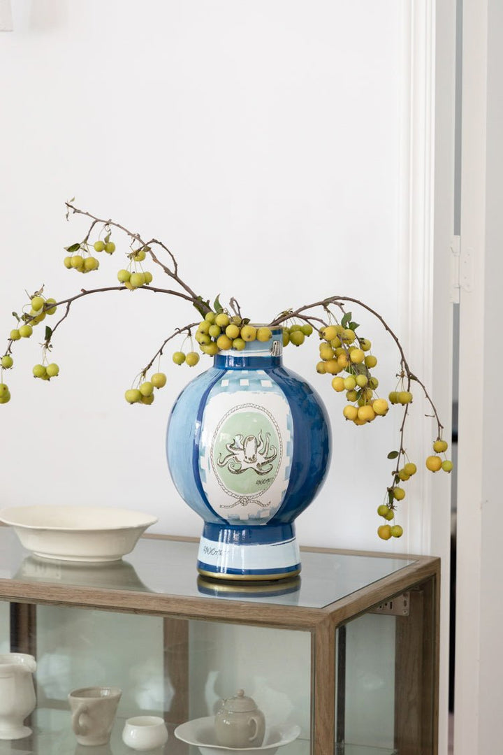 Antique Italian Blue and White Porcelain Vase Inspired by Richard Ginori with Hand - Painted Gilded Maritime Motifs - WonderlandByLilian