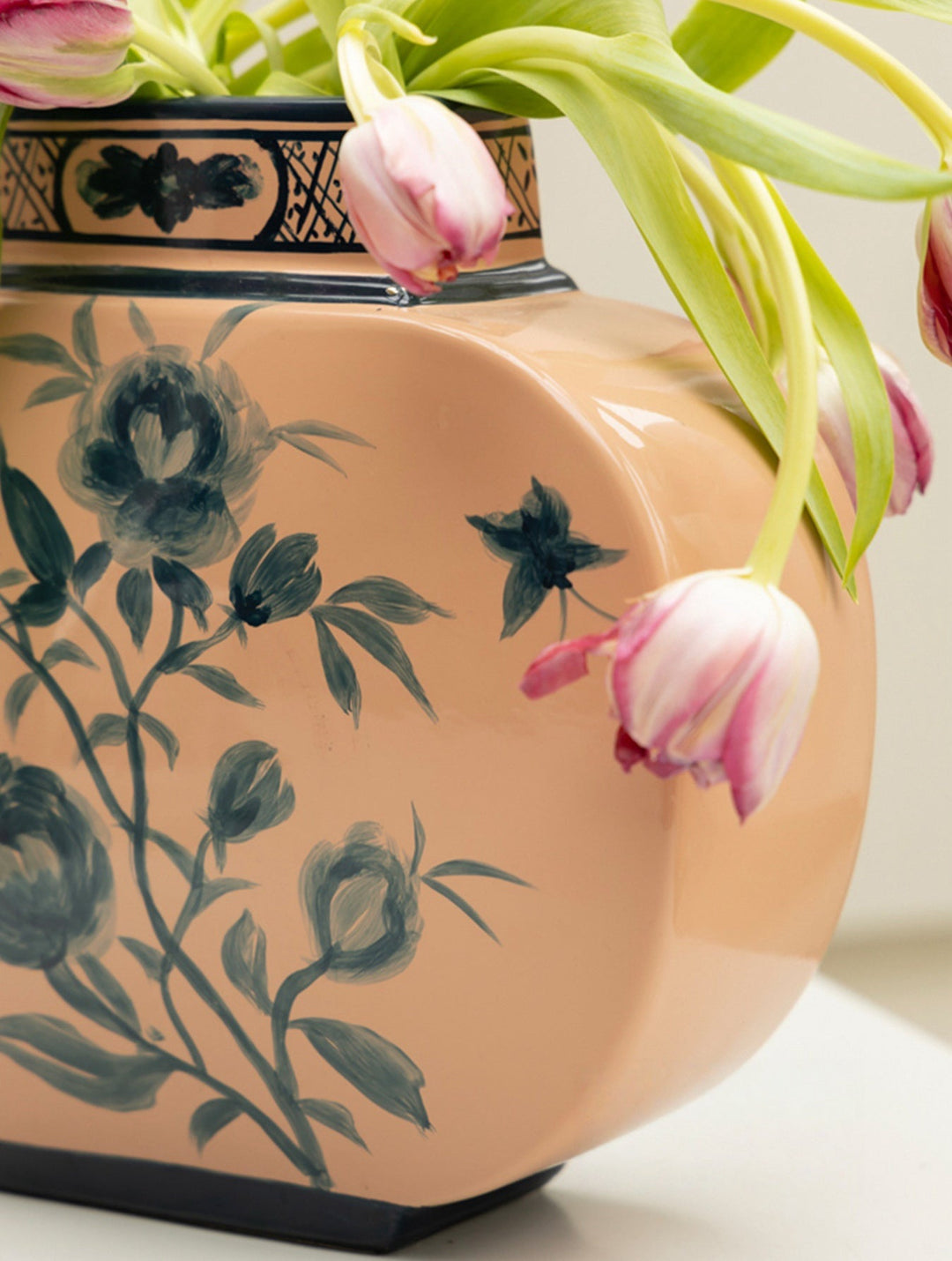 Antique Italian Porcelain Vase with Hand Painted Blue Floral Design in Spring Pink - WonderlandByLilian