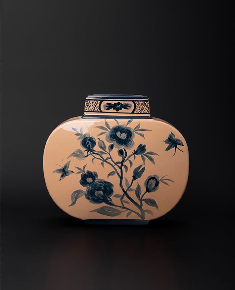 Antique Italian Porcelain Vase with Hand Painted Blue Floral Design in Spring Pink - WonderlandByLilian