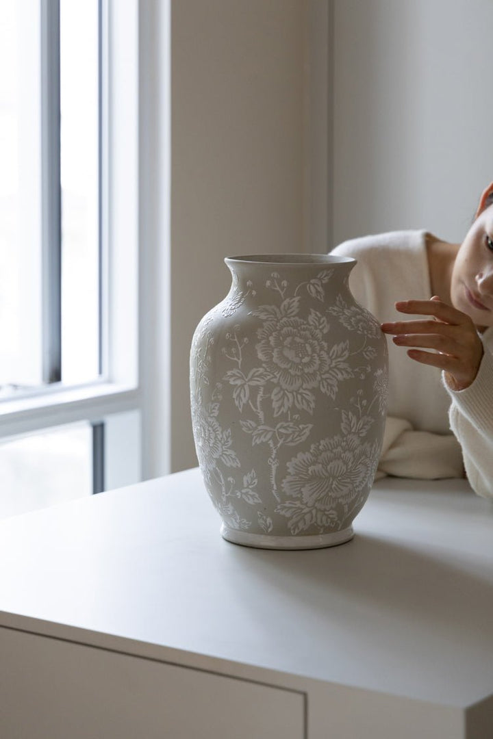 Antique Ivory White Kaolin Porcelain Vase with Handcrafted Peony Relief Design - WonderlandByLilian