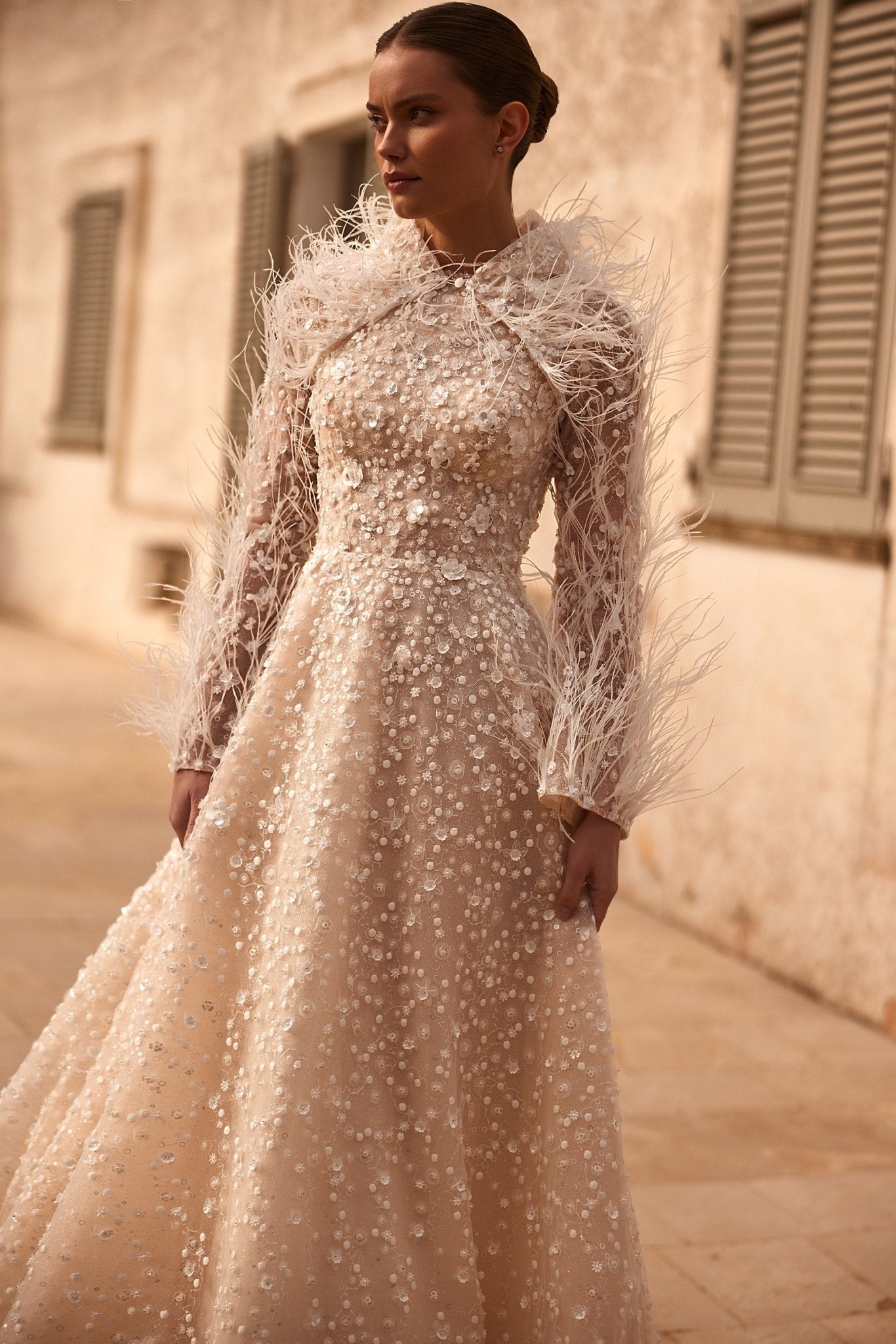 Aristocratic Sequined Gown with Feathered Bolero and Matching Gloves Plus Size - WonderlandByLilian