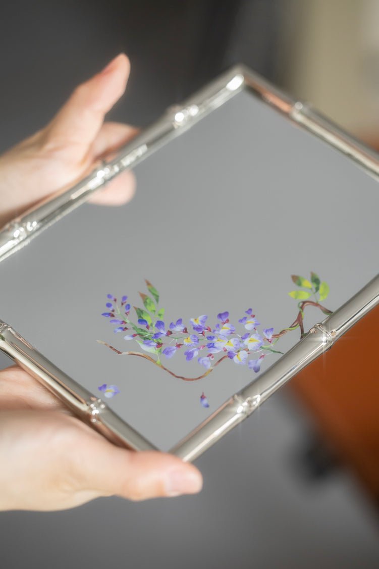 Art Deco Handmade Bamboo - Style Frame Mirror with Hand - Painted Wisteria - WonderlandByLilian