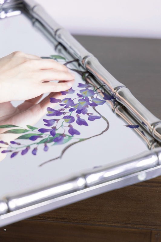Art Deco Handmade Bamboo - Style Frame Mirror with Hand - Painted Wisteria - WonderlandByLilian