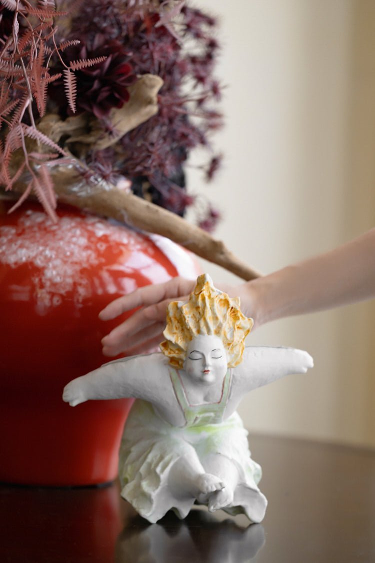 Art Deco Handmade Danish Girl Ceramic Figurine with Yellow Hair and Green Dress - WonderlandByLilian