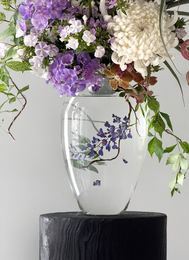 Art Deco Handmade Italian Blown Glass Vase and Glass Decor with Hand - Painted Wisteria Design - WonderlandByLilian
