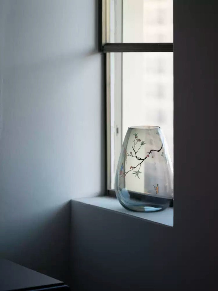 Art Deco Italian Hand - Painted Transparent Blown Glass Vase with Ink - Style Design - WonderlandByLilian