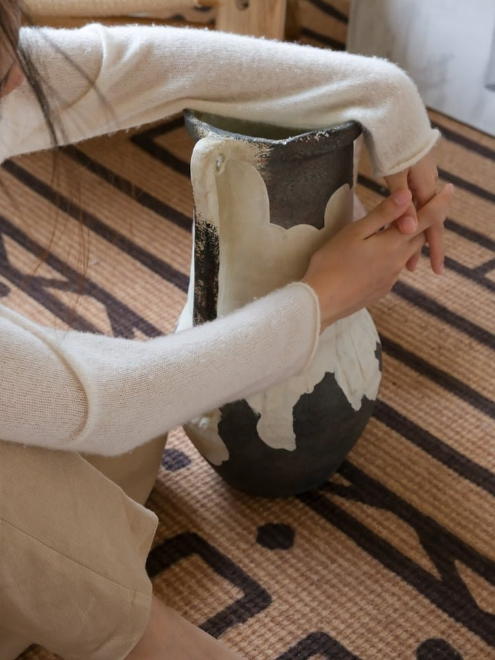 Artistical Handmade Moroccan Black and White Clay Vase with Rustic Minimalist Finish - WonderlandByLilian