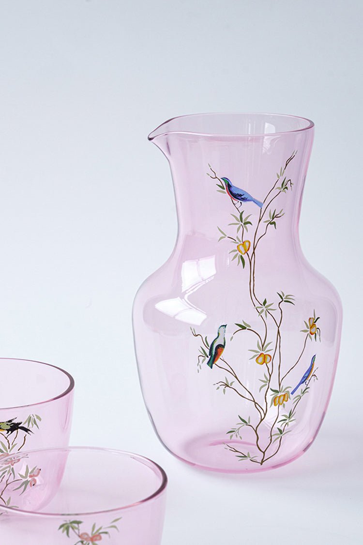 Artistical Murano Handmade Pink Glass Carafe and Decorative Wine Glass and in Hand - Painted Bird Motifs - WonderlandByLilian