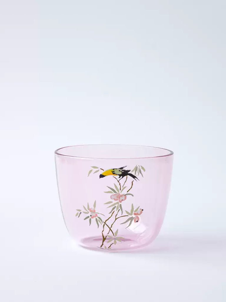 Artistical Murano Handmade Pink Glass Carafe and Decorative Wine Glass and in Hand - Painted Bird Motifs - WonderlandByLilian