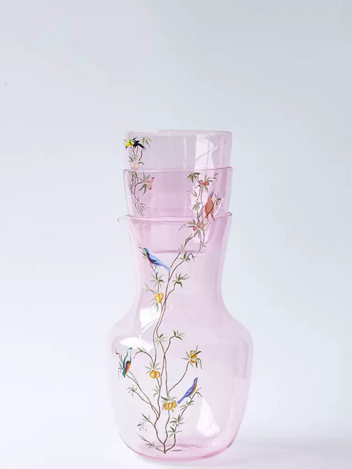 Artistical Murano Handmade Pink Glass Carafe and Decorative Wine Glass and in Hand - Painted Bird Motifs - WonderlandByLilian
