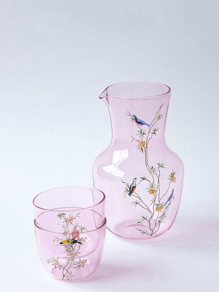 Artistical Murano Handmade Pink Glass Carafe and Decorative Wine Glass and in Hand - Painted Bird Motifs - WonderlandByLilian