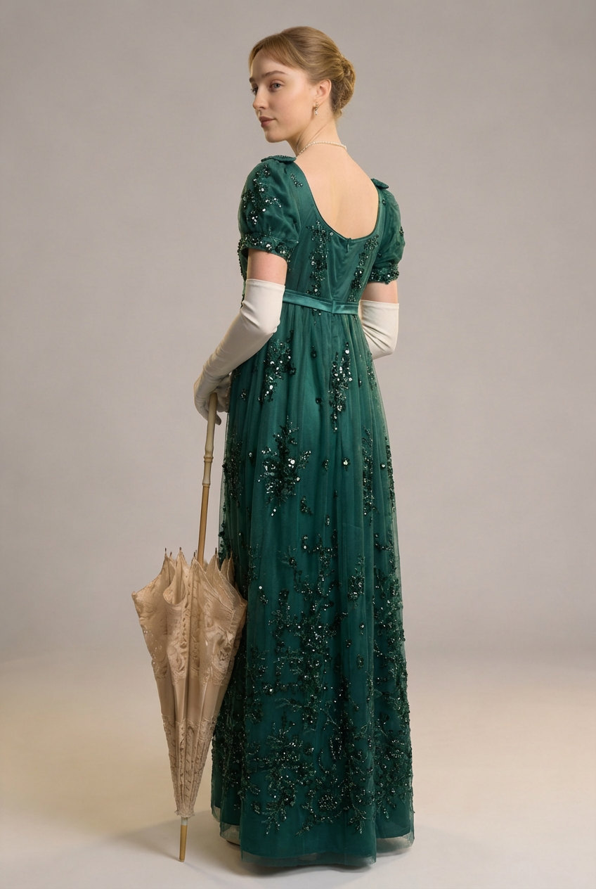 Gothic Emerald Regency Era Embroidered Dress with Bow - Empire Waist Tulle Gown Plus Size