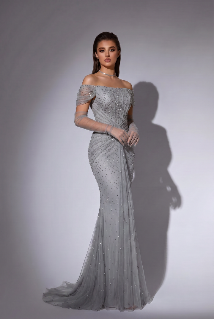 Silver Sequin Evening Gown with Off-Shoulder Sleeves - Elegant Sequined Dress with Draped Skirt Plus Size