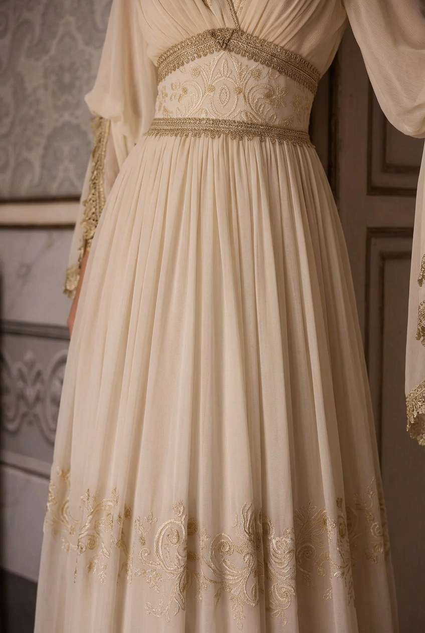 Ivory Fantasy Goddess Dress with Embroidered Details - Fantasy Dress with Flowing Sleeves and Corset Plus Size