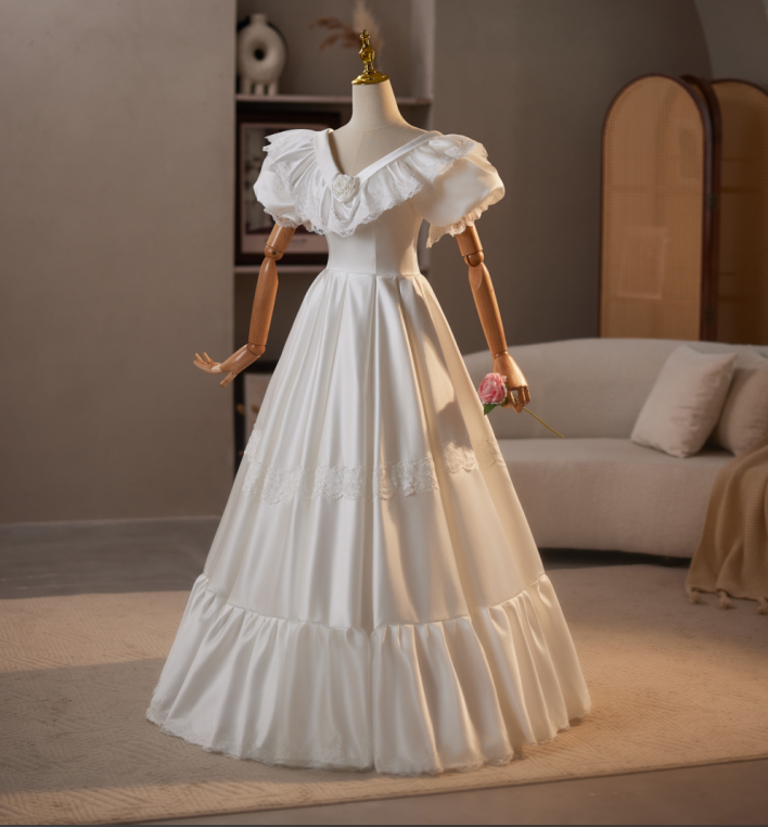 Retro Wedding Dress with Puff Sleeves – Simple Satin Wedding Dress with Ruffle Neckline Plus Size