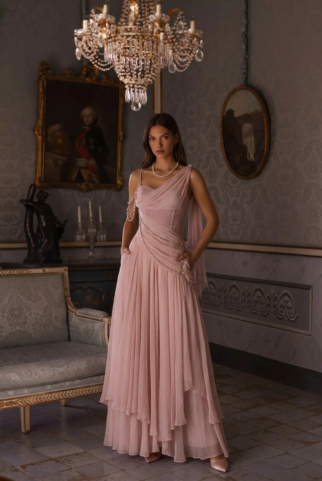 Elegant Pink Fantasy Dress - Fairy Evening Dress with Draped Pearls Plus Size Elegant Pink Fantasy Dress - Fairy Evening Dress with Draped Pearls Plus Size