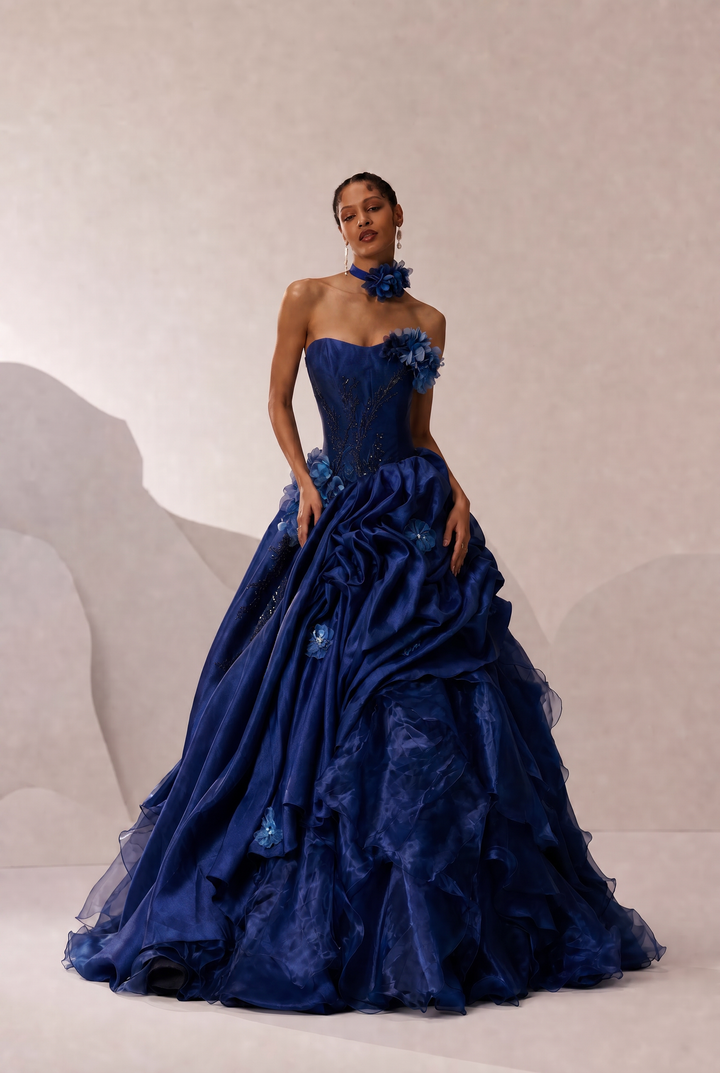 Gothic Navy Blue Floral Evening Dress with Floral Embellishment – Elegant Strapless Evening Dress with Corset Back Plus Size