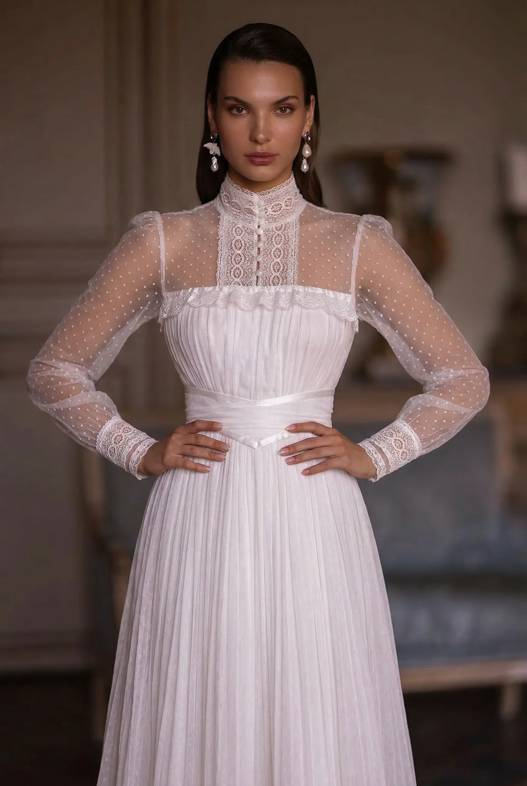 Gunne Sax Inspired White Lace Victorian Modest Wedding Dress 1980s- Long Sleeve