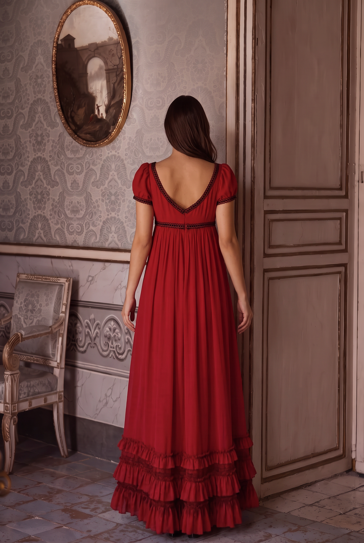 Regency Era Red Empire Waist Gown with Puff Sleeves and Tiered Ruffle Skirt Plus Size