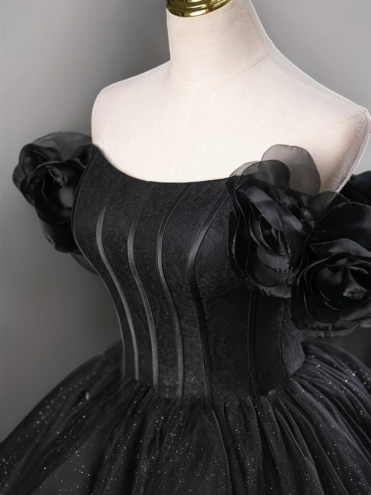 Gothic Floral Black Wedding Dress - Corset Back Wedding Dress with Sparkling Tulle Skirt Plus Size