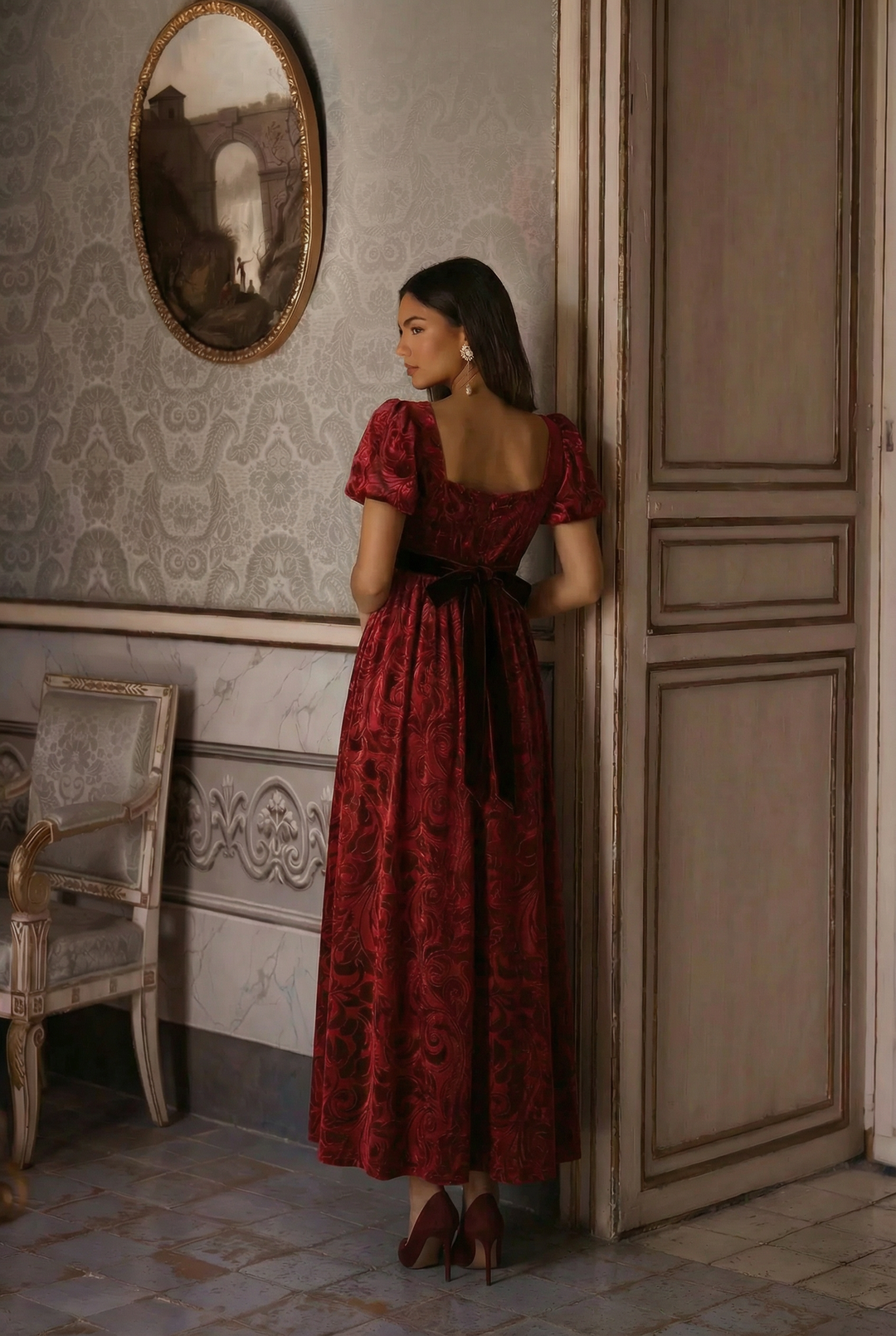 Bridgerton Inspired Regency Era Ruby Red Velvet Jacquard Ball Gown - R WonderlandByLilian Bridgerton Inspired Regency Era Ruby Red Velvet Jacquard Ball Gown - R WonderlandByLilian