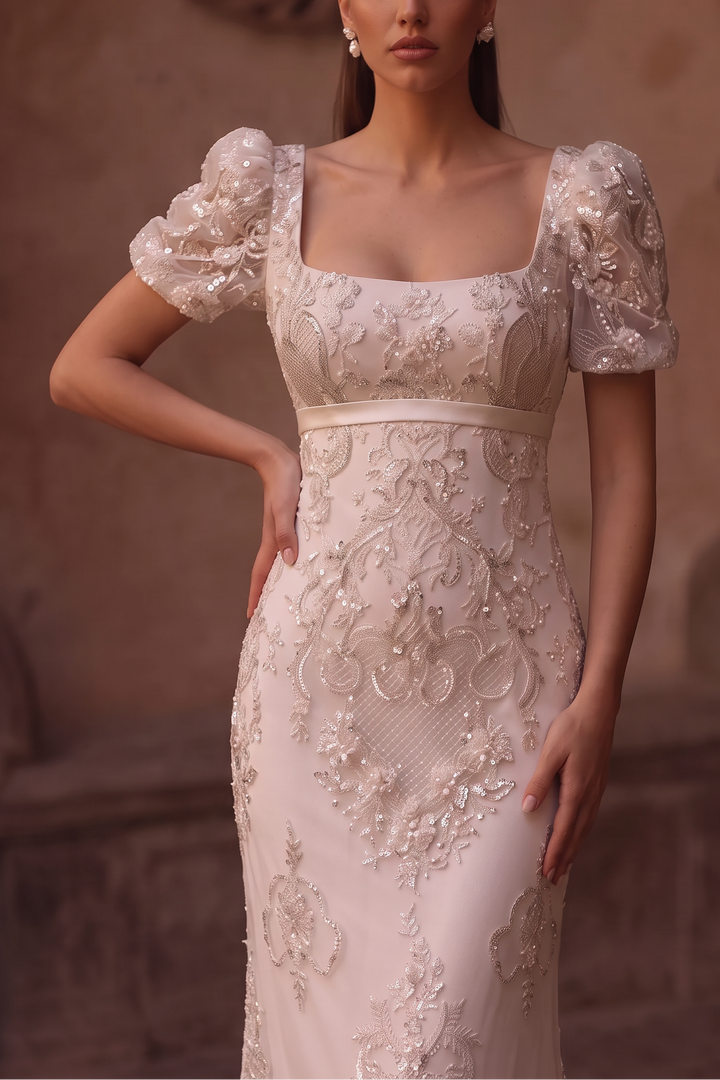 Regency Era Wedding Dress White Empire Waist Gown with Square Neckline and Puff Sleeves Plus Size