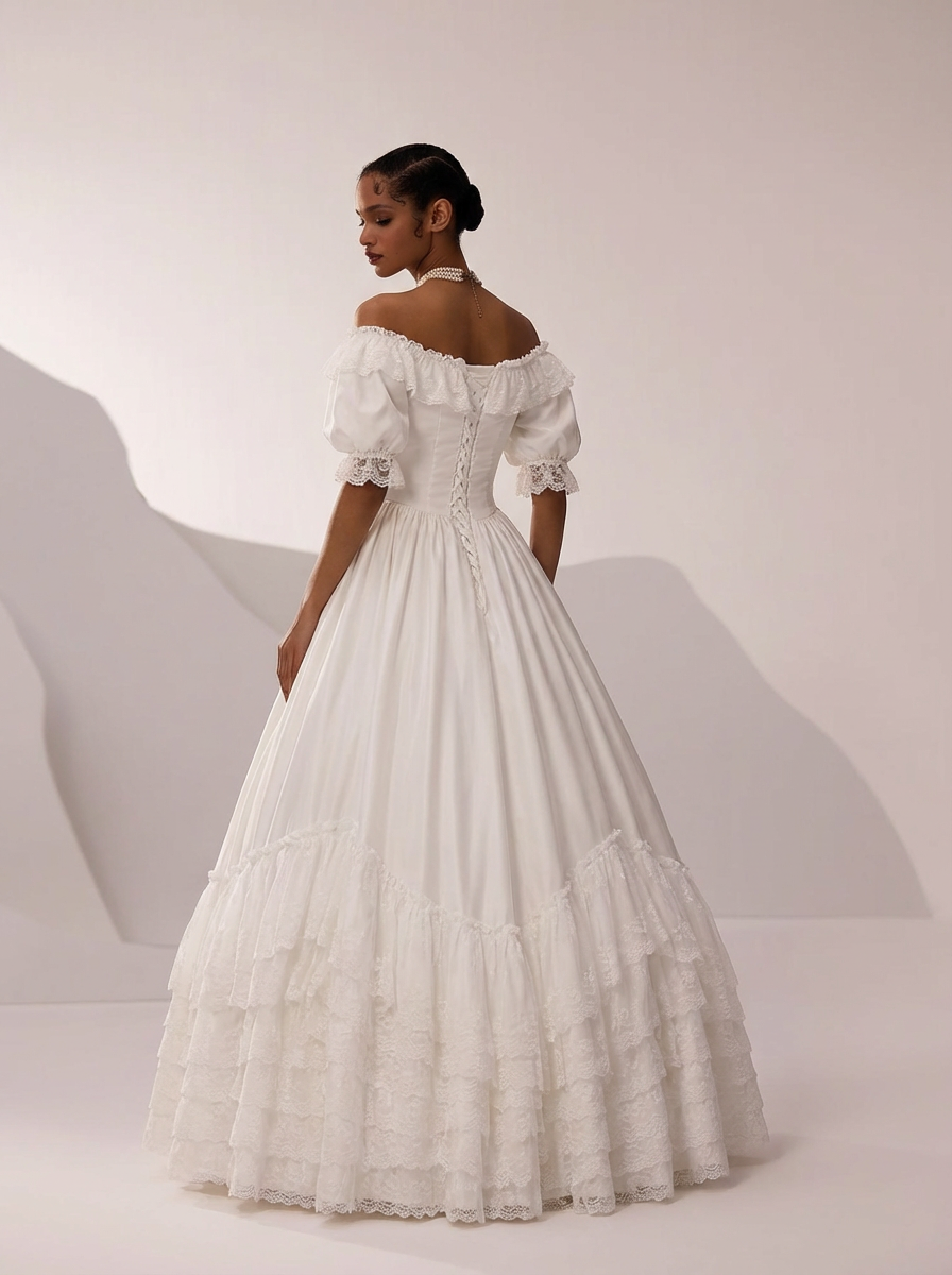 Vintage Off the Shoulder Wedding Dress with Puff Sleeves – Lace Tiered Wedding Gown with Ruffle Hem Plus Size