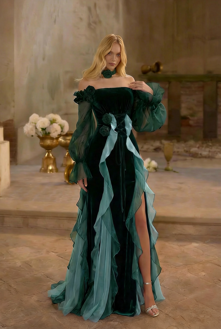 GOTHIC LOLITA DRESS - LONG CLASSIC GREEN VELVET FLORAL LOLITA DRESS - PLUS SIZE