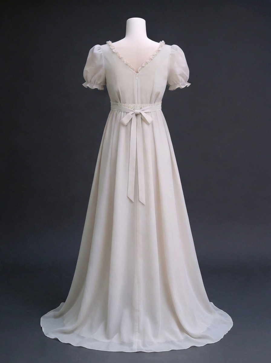 Regency Era Soft Grey Empire Waist Chiffon Dress with Puff Sleeves and Pleated Bust – Bridgerton Inspired Vintage Gown Plus Size