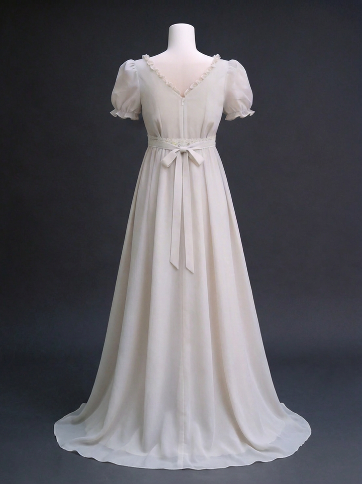 Regency Era Soft Grey Empire Waist Chiffon Dress with Puff Sleeves and Pleated Bust – Bridgerton Inspired Vintage Gown Plus Size