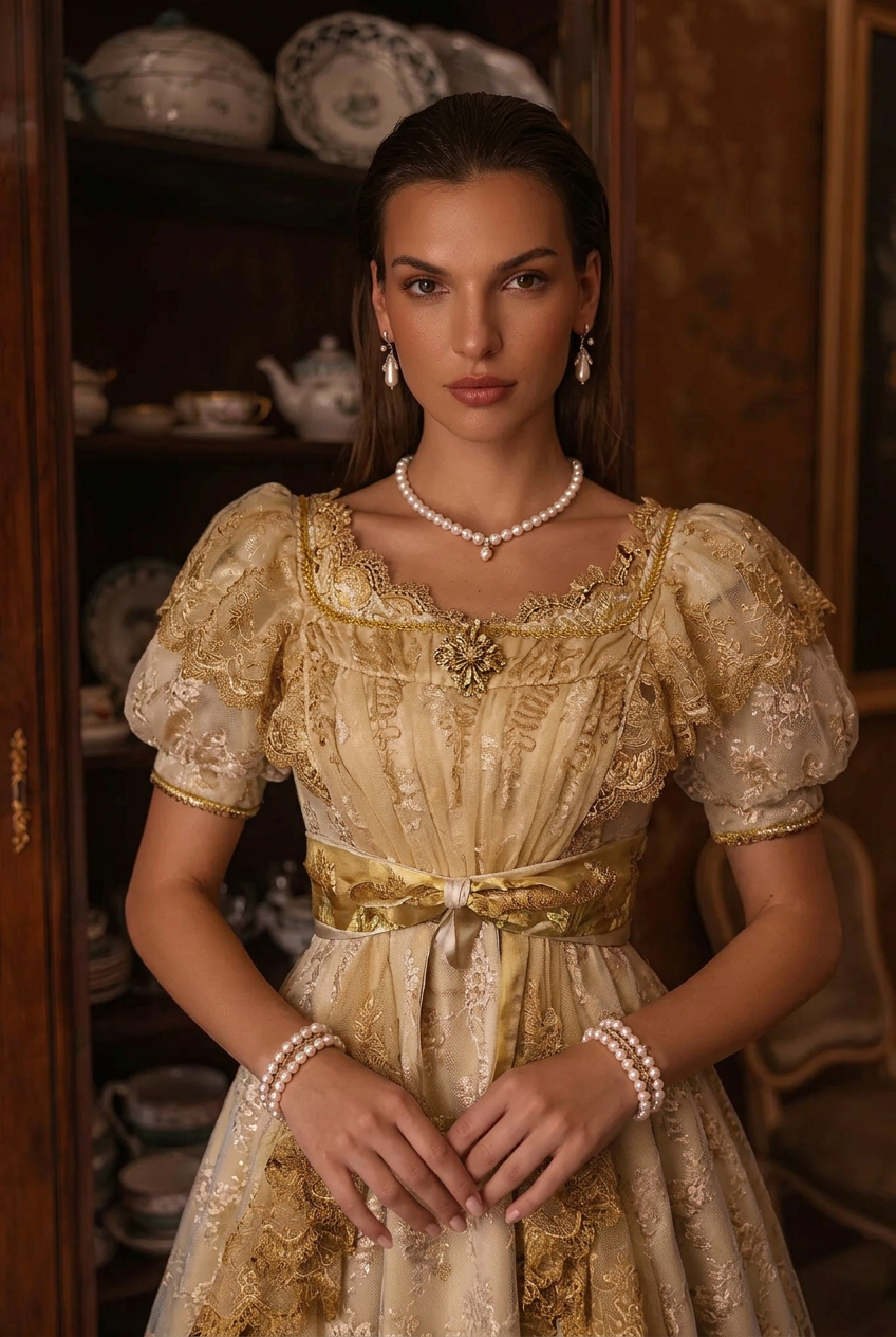 Luxury Empire Waist Gold Ball Gown Regency Era dress with Lace Rose Embroidery - Jane Austin Plus Size