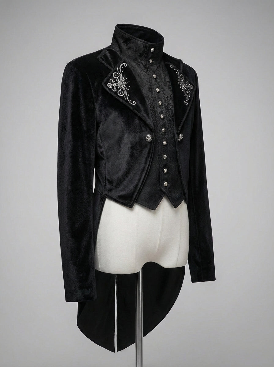 Victorian Long-Tailed Tuxedo Two Piece - Embroidered High Collar Velvet Suit For Men -Plus Size