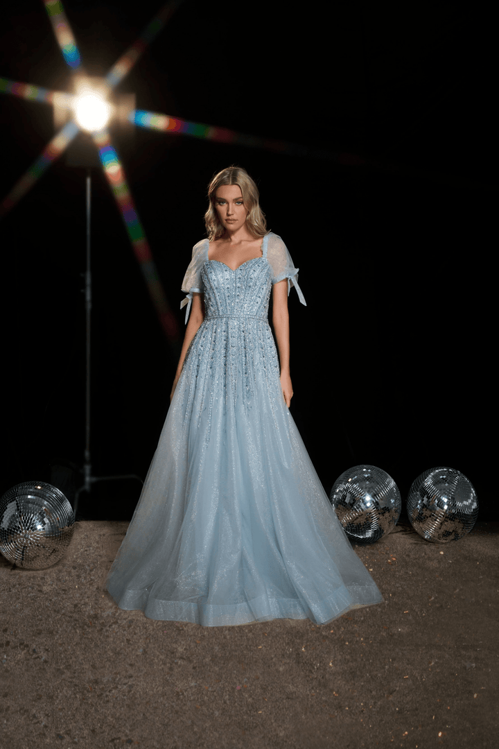 Baby Blue Embellished Gown with Puff Sleeves - Pretty Sequin Dress with Sweetheart Neckline - Pink Sequin Dress Plus Size - WonderlandByLilian