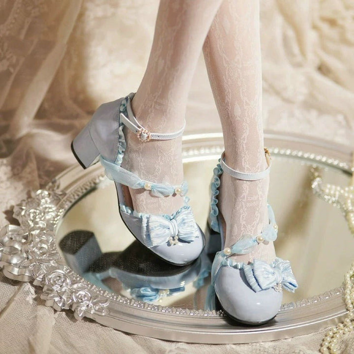 Baby Blue Lolita Vintage Shoes with Pearl - Lolita Vintage Heels with Bow - WonderlandByLilian