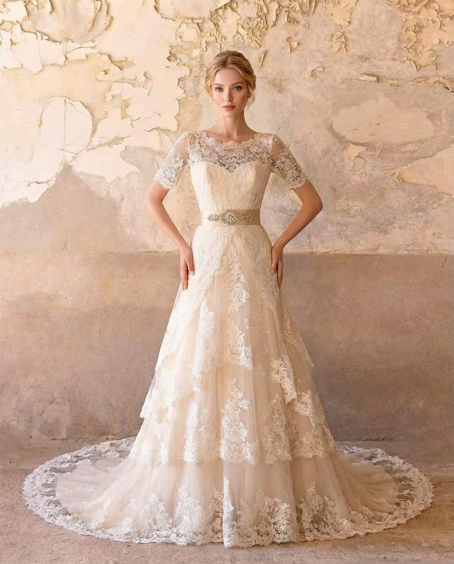 Vintage Inspired Modest Lace Wedding Dress With Short Sleeves With Embellished Belt - Vintage Victorian Lace - Plus Size Vintage Inspired Modest Lace Wedding Dress With Short Sleeves With Embellished Belt - Vintage Victorian Lace - Plus Size