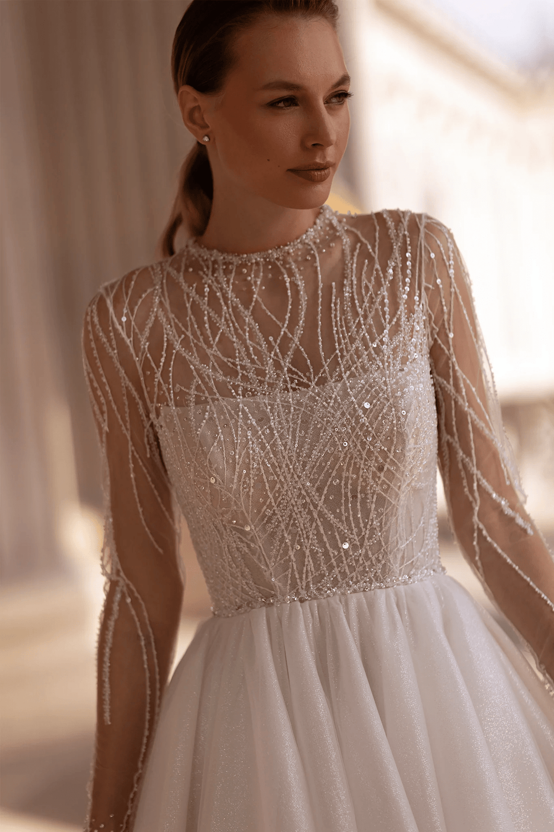 Ballgown Wedding Dresses with Sheer Long Sleeves – Crystal Wedding Dress with Sparkling Skirt and Classic Silhouette Plus Size - WonderlandByLilian