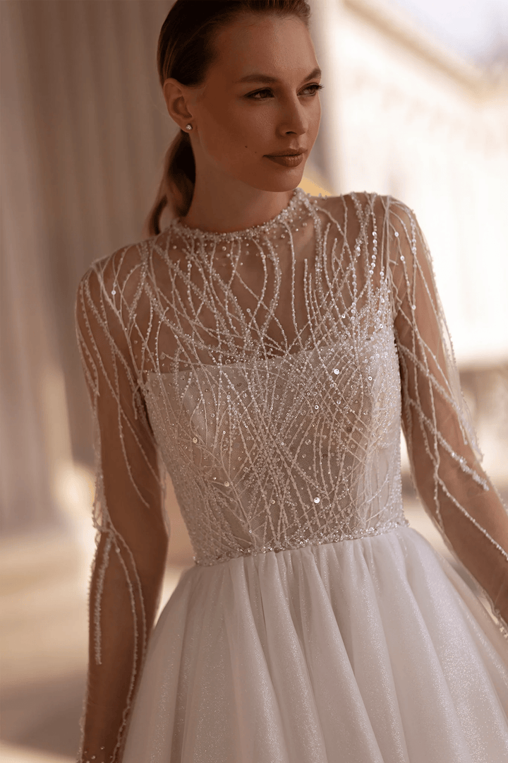 Ballgown Wedding Dresses with Sheer Long Sleeves – Crystal Wedding Dress with Sparkling Skirt and Classic Silhouette Plus Size - WonderlandByLilian