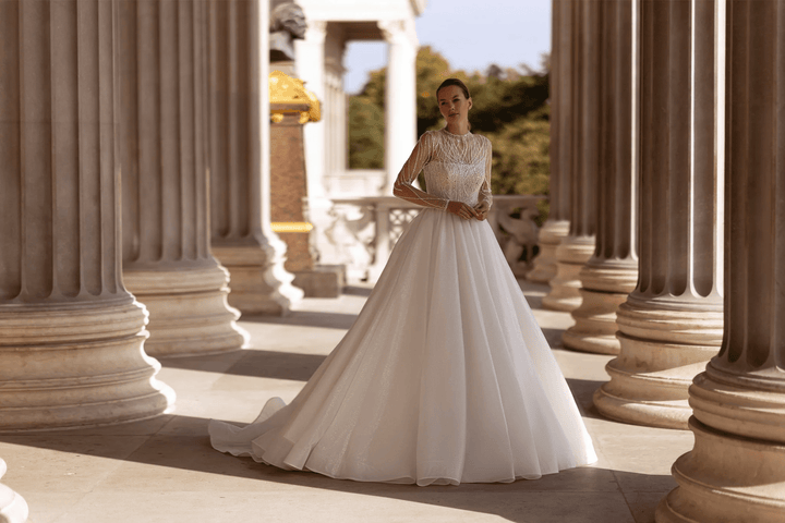 Ballgown Wedding Dresses with Sheer Long Sleeves – Crystal Wedding Dress with Sparkling Skirt and Classic Silhouette Plus Size - WonderlandByLilian