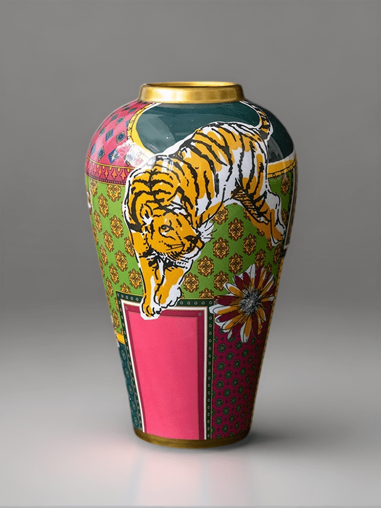 Baroque Inspired Italy Hand - Painted Porcelain Vase in Vibrant Colors with Gilded Accents Featuring Tiger Artwork - WonderlandByLilian