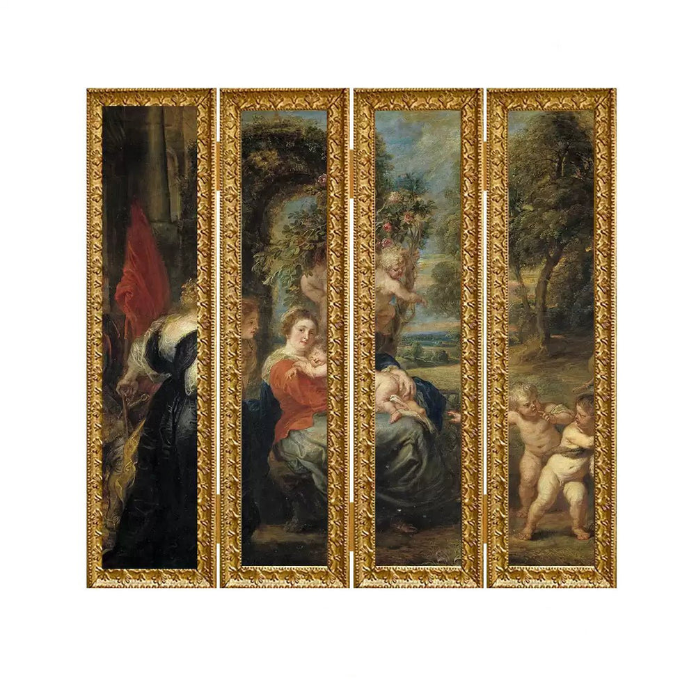 Baroque - Style Vintage Framed Antique Art – Handmade Four - Panel Ornate Picture Screen or Wall Decor - WonderlandByLilian